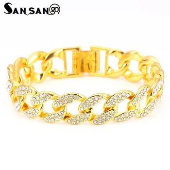 

New Men Luxury Gold Color Iced Out Crystal Fashion Bracelets High Quality Bangles Cuban Link Chain Bracelet For Hip Hop Boys