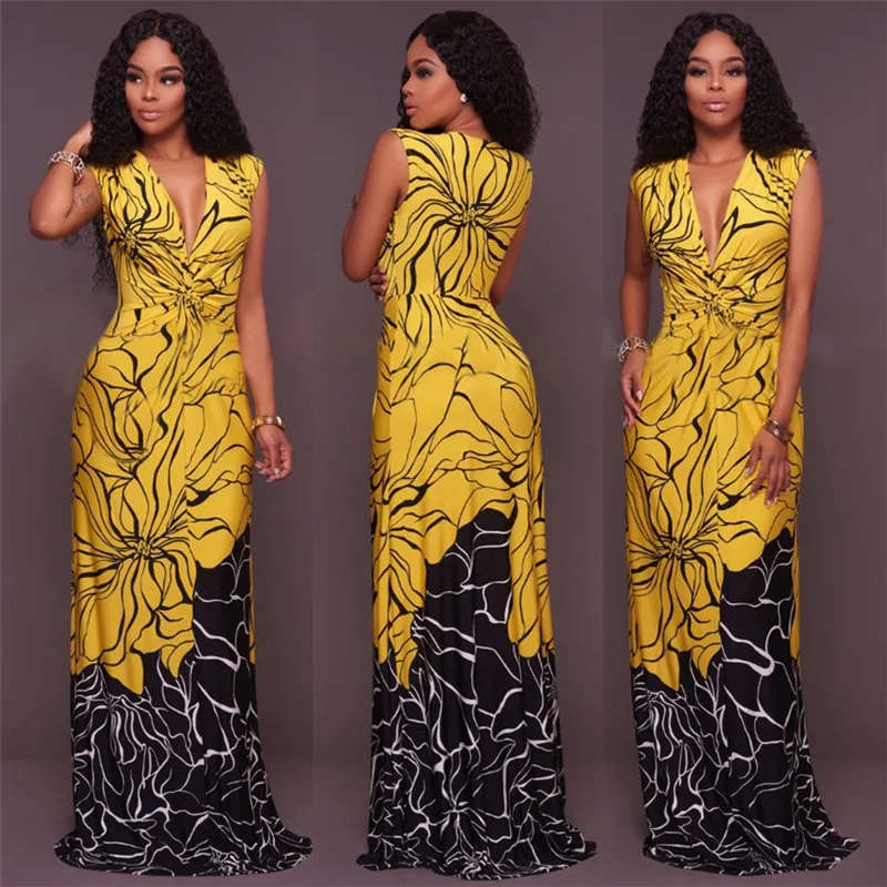 

Women Sexy Long Maxi Boho Floral Summer Dress Beach Sleeveless Deep V Neck Casual Bodycon Bandage Slim Skinny Long Party Dress