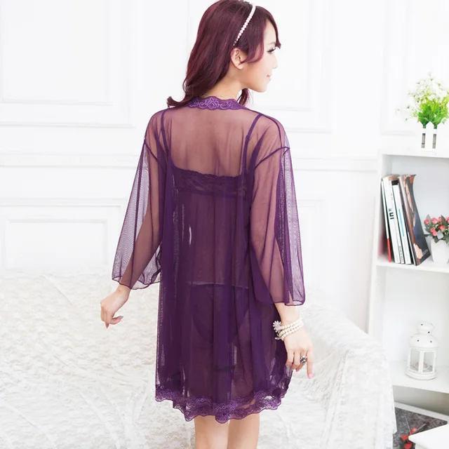 Sexy Sleepwear Set Female Temptation Dress Women’s Summer Lace Transparent Nightgown Set with Robe Panties