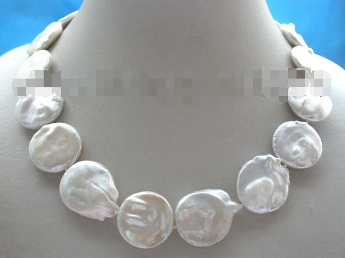 

shipping 17" Genuine Natural 22mm White Coin Pearl Necklace 14k #f1347!