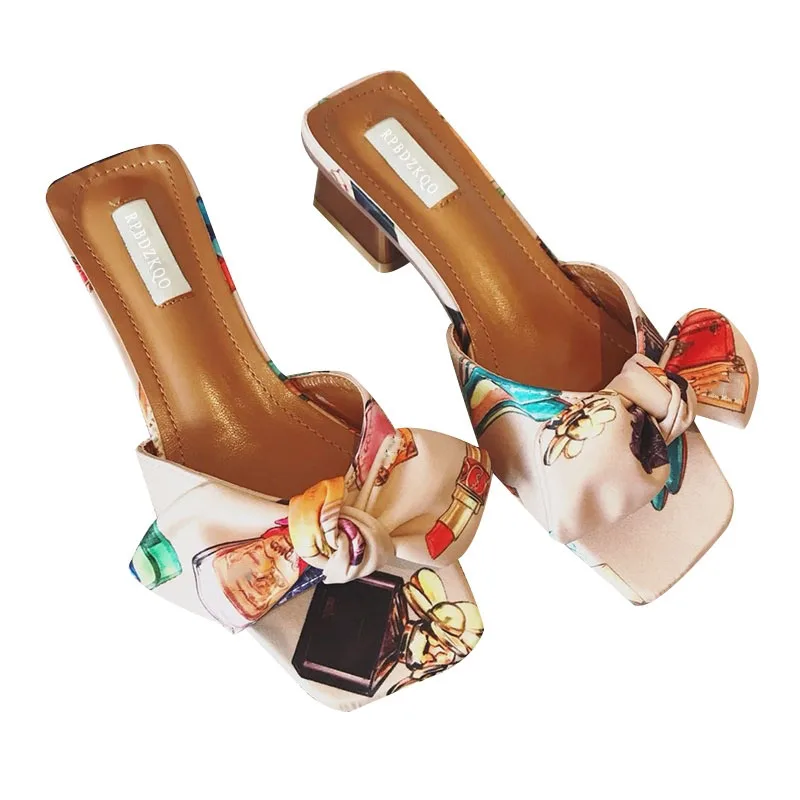 Bowtie Chunky Sandals Low Heel Slippers Open Toe Heels Pumps Floral Print Slides Bow Satin Shoes Kawaii Cute Purple Pink Women