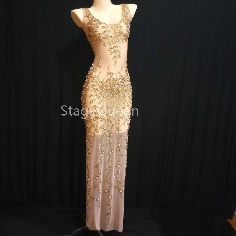 

Women's Stage Sparkly Gold Rhinestones Mesh Net Yarn Dress Party Dance Outfit Long Dress Birthday Celebrate See Through Dresses