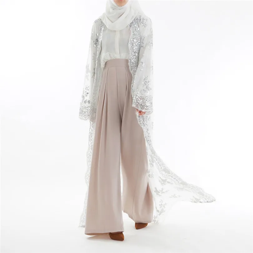 New Muslim Women Summer Lace Sequin Cardigan Long Sleeve Maxi Dress Kimono Open Abaya Robe Kaftan Dubai #4F08 (22)