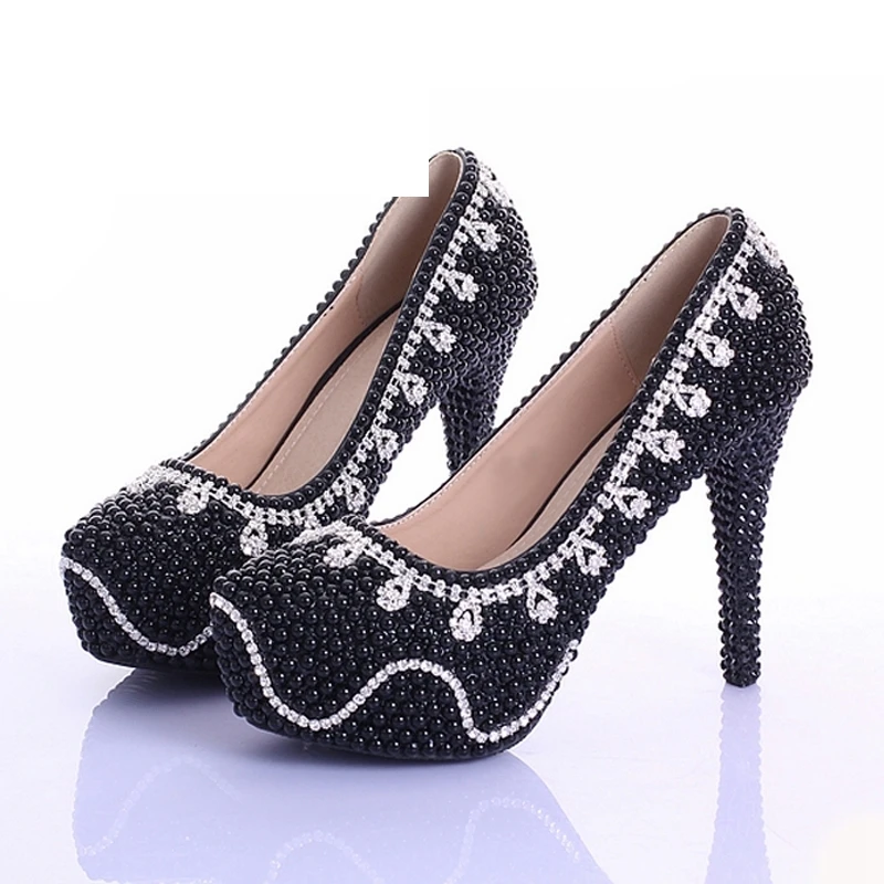 Heels Partie black forme Bal Mariage Femmes Soirée Mariée Black Perle Cristal Noir Printemps Heels 14cm 8cm Robe 11cm De Plate Pompes Bling Chaussures Strass qgp8WRw