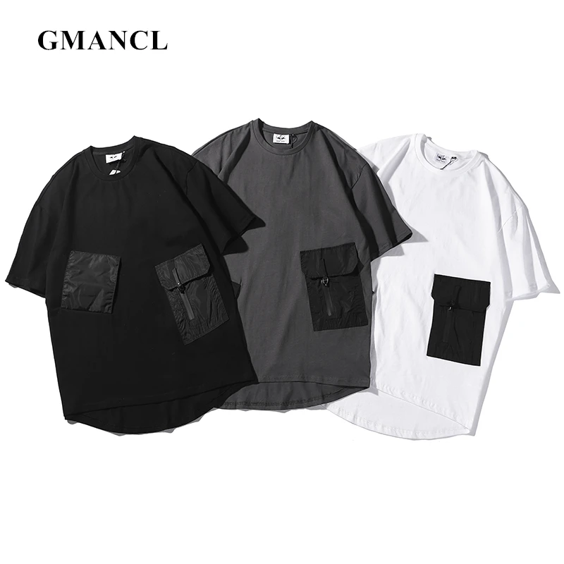 

New Men black white gray Extended Curved Hem Multi-pocket Short sleeve tshirt Summer Hip Hop Oversized Cotton Male Tee T Shirts