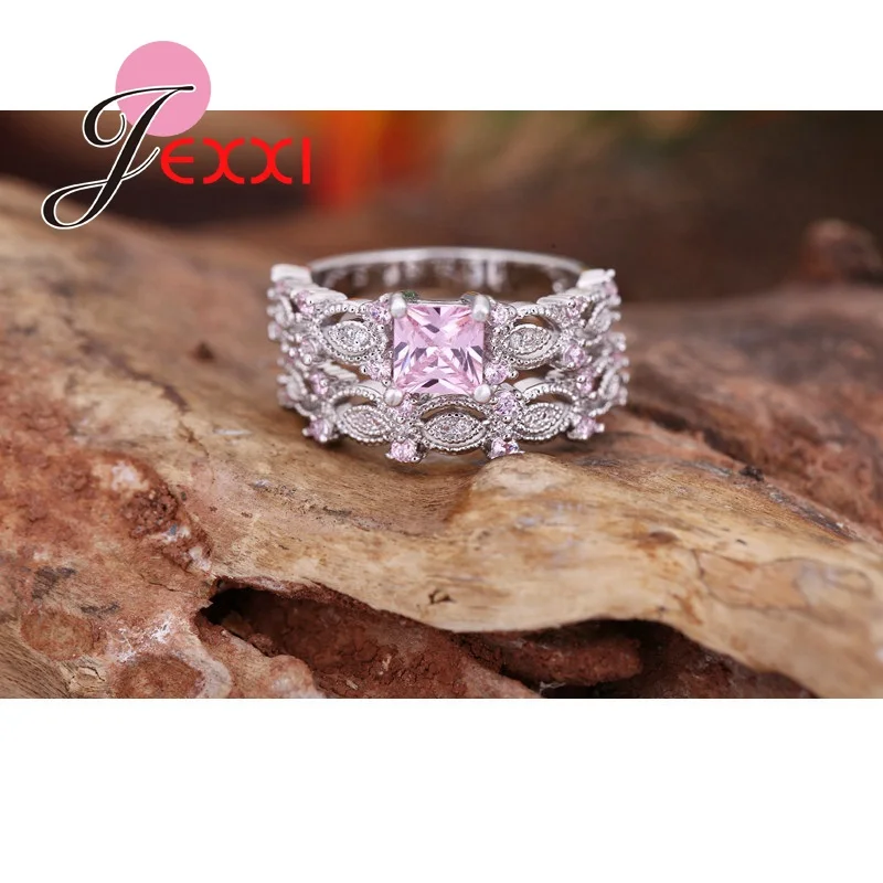 JEXXI Pure Love Pink CZ Cubic Zirconia Stone Ring Set S925 Stamped Silver Bridal Set For Engagement/Wedding Rings A Pair