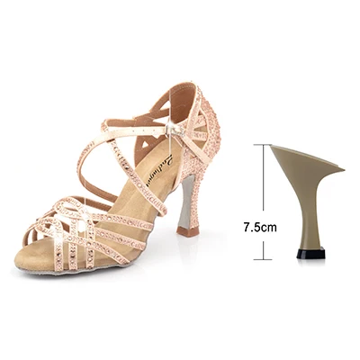 Ladingwu/шелковый атлас; Цвет абрикосовый и бронзовый; обувь для латинских танцев цвета шампанского; стразы; обувь для сальсы; женская обувь; zapatos de mujer - Цвет: Apricot 7.5cm