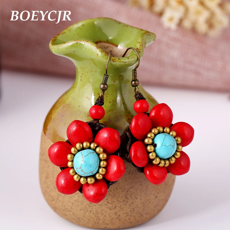 

BOEYCJR 4 Color Available Ethnic Stone Flower Drop Earrings Handmade Jewelry Vintage Dangle Hook Earrings For Women Gift 2019