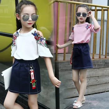 

Summer Kids Girls Clothing Sets Princess Denim Skirt and Blouse Flower Embroidery Children Clothes 2PCS Suits for 6 8 12 Age