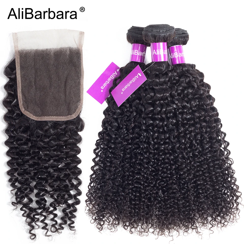 AliBarbara Hair Afro Kinky Curly Malaysian Human Hair Bundles with Closure Free part 4X4 Swiss Lace 1B Remy Hair Weave Extension