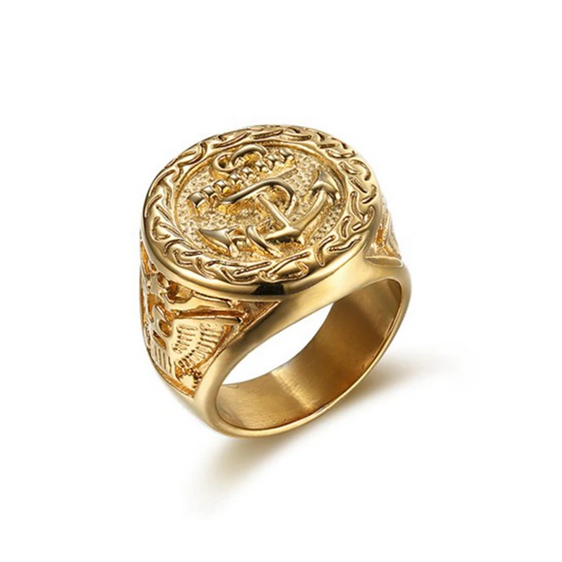 

Size 7-13 Top Quality Punk Style Stainless Steel Gold Color Anchor Signet Rings for Men Man`s Jewerly Navy Rings With Eagle