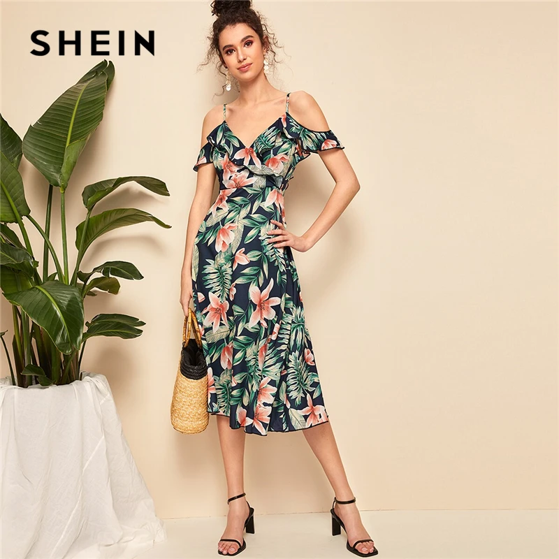 

SHEIN Boho Tropical Print Ruffle Trim Tie Back Cold Shoulder Straps Midi Dress Women Fit and Flare Summer Elegant Empire Dresses