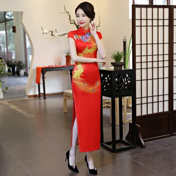 

2018 Summer Long Cheongsam Novelty Chinese style Embroidery Dress Womens Rayon Qipao Slim Party Dresses Lady Button Vestido