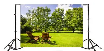 

Photography Backdrop Countyard Spring Green Trees Grass Lawn Blue Sky White Cloud Wood Chair Nature
