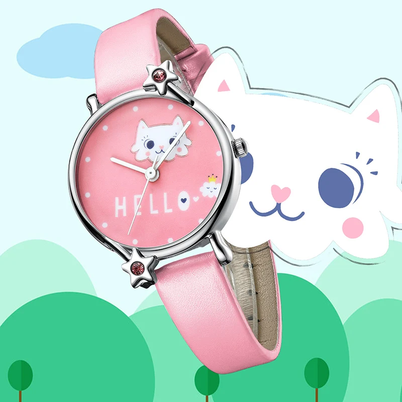 

KDM Kids Children Watches Cute Girl Watch Cartoon Cat Child Watches Kids Waterproof Pink Leather Lovely Students Clock