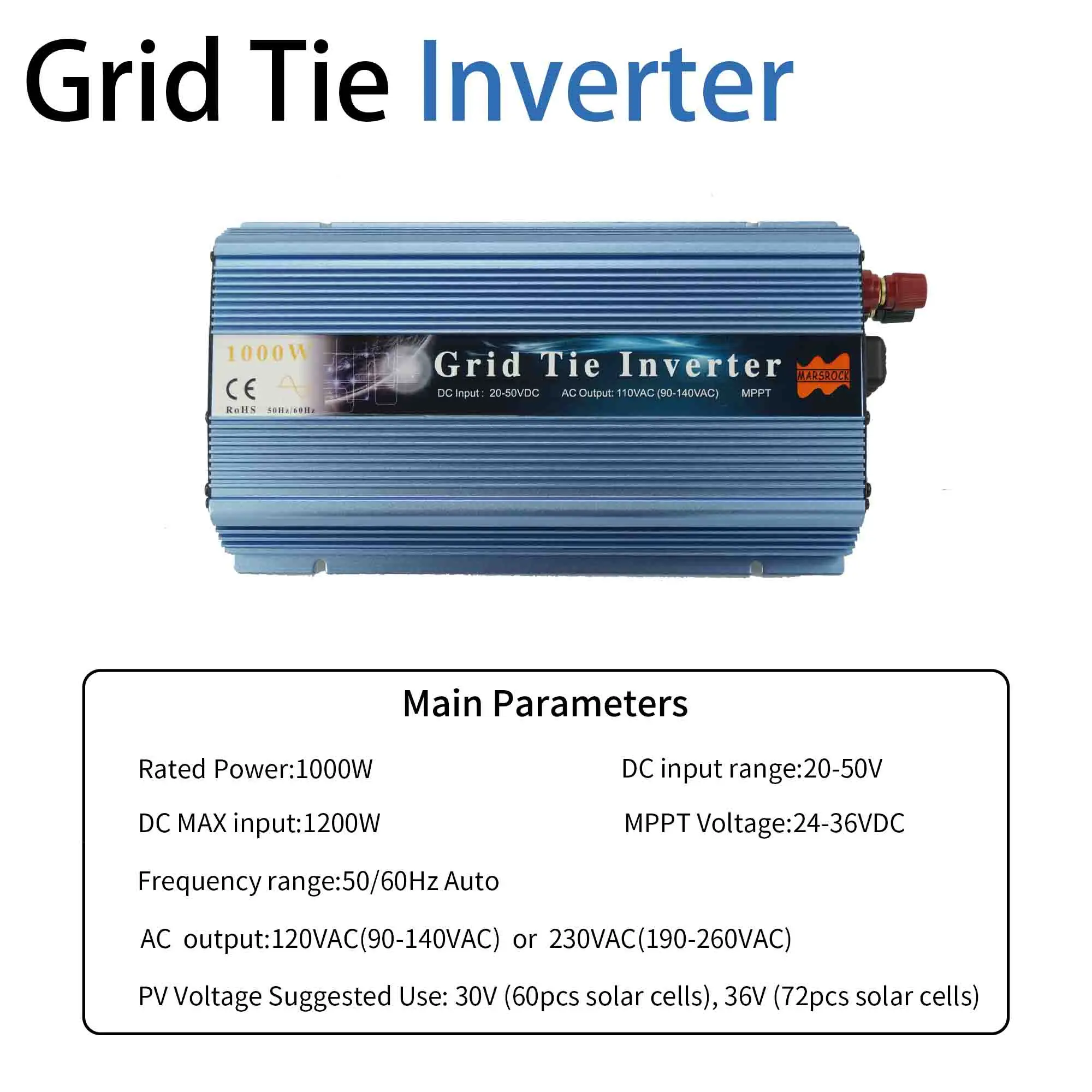 1000W 20-50VDC сетевой инвертор, 90-140VAC чистая синусоида инвертор для 24 V, 30 V, 36V PV модуль и ветряная турбина - Цвет: Blue