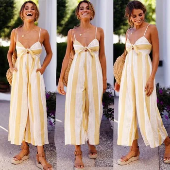 

Women Summer Rompers 2019 Sexy Backless Wide Leg Jumpsuit Rompers Striped Strap V-Neck Loose Yellow Jumpsuit Summer Women