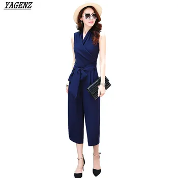 

Woman Jumpsuits 2017New Summer High Quality Chiffon Rompers Female Wide Leg Nine Pants High Waist Jumpsuit Plus Size YAGENZ K282