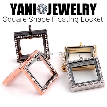 

10pcs/lot Newest 30MM Mix colors Alloy Magnetic Glass Square Floating Locket with Rhinestones Charms Locket with chains