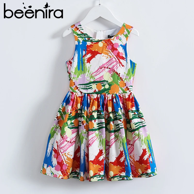 Beenira/платье принцессы для девочек; коллекция года; брендовые летние вечерние платья для девочек с геометрическим узором; детская одежда; От 4 до 14 лет до колена без рукавов
