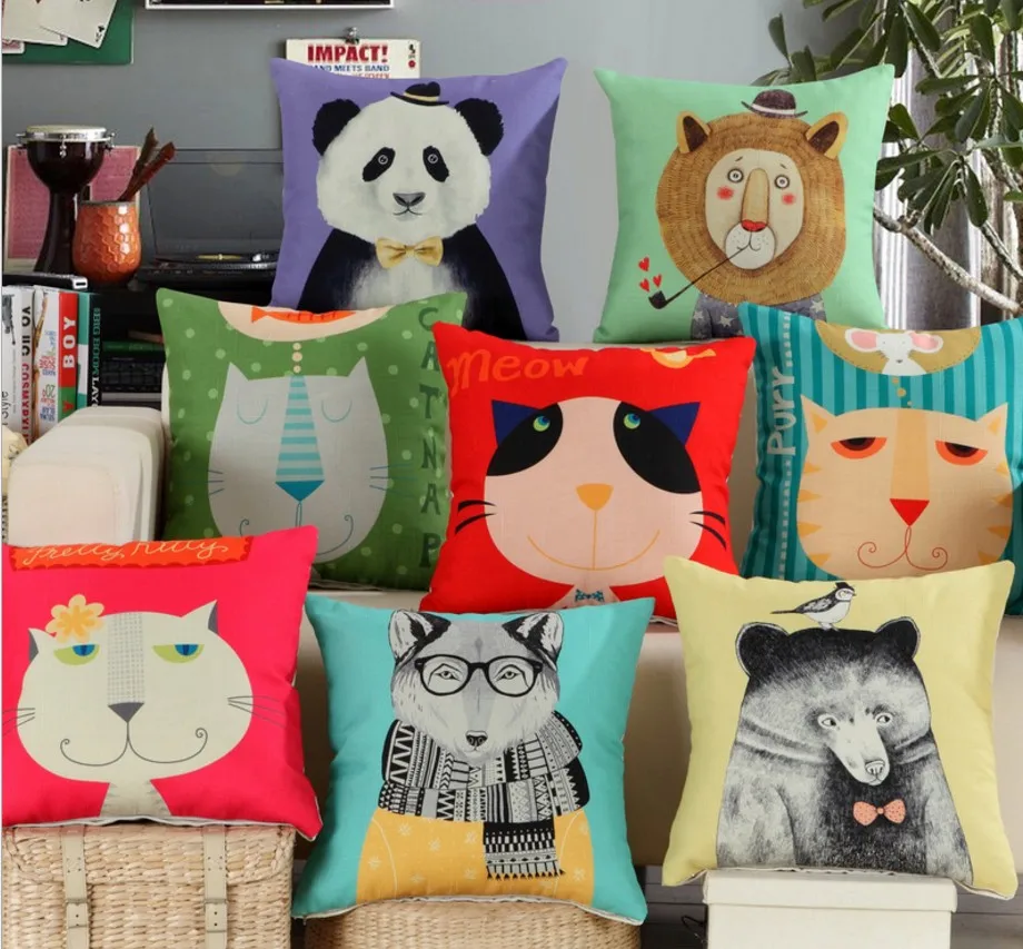 Cartoon Panda Lion Dog Bear Club Cushion Cover Linen Cotton Pillow Case 45x45cm Home Sofa Decorative Bed Throw Pillows Sofa B294