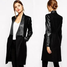 Women Winter Warm Long Sleeve Faux Leather Slim Fit Pure Black Coat Overcoat