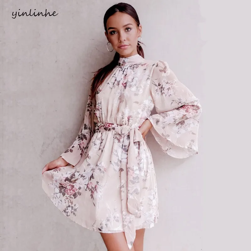 

yinlinhe Elegant Floral chiffon Dress Summer Backless Belt Lace Up Beach Dress Women Long Flare Sleeve Bohemian Slim Vestido 610