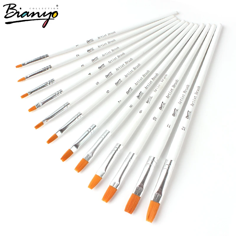 Beste Bianyo 12 Stks Wit Houten handvat Aquarel Gouache Borstels Nylon Borstel Kunstenaars Schilderen Borstel Set Art Supplies