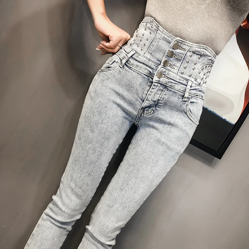 MUMUZI тонкий посылка бедра, высокая талия джинсы для женщин для Высокая мода длинные брюки девочек заклёпки украшен