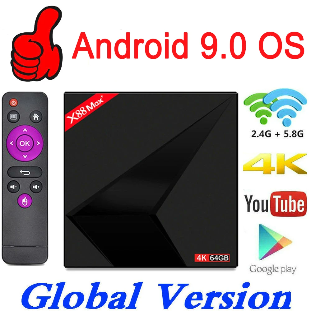ТВ приставка Android 9 0 X88 MAX Plus 4 Гб Google Play Meida плеер 2 & 5 8 ГГц двухъядерный процессор Wi Fi