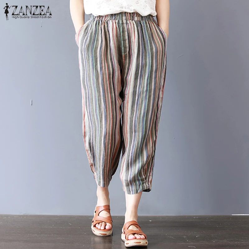 

2019 ZANZEA Women Elastic Waist Casual Pants Loose Retro Stripe Harem Pantalon Cotton Baggy Wide Leg Trousers Plus Size Joggers