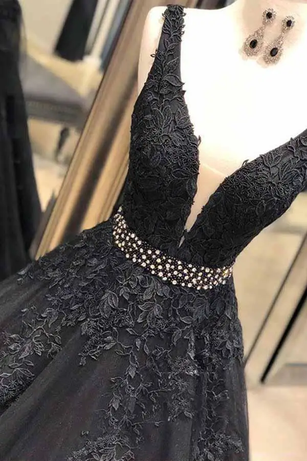US $88.20 Black Long Prom Dresses 2020 Beading VNeck Ball Gown Tulle Appliques Lace Saudi Arabic Evening Dress Gown Abiye Gece Elbisesi