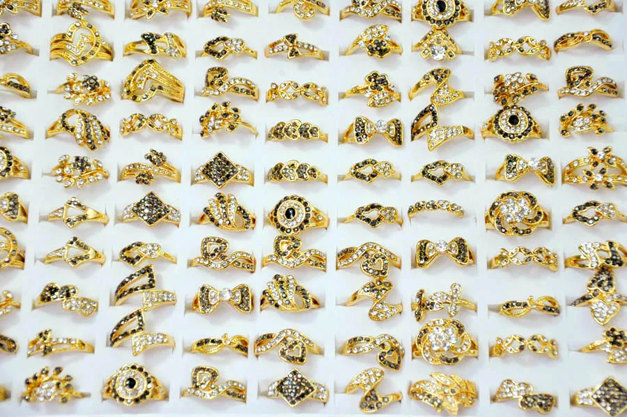 

50Pcs Hot Sale Full Crystal Rhinestone Golden Women Ring lot female anel Jewelry Lots Top quality LR4053