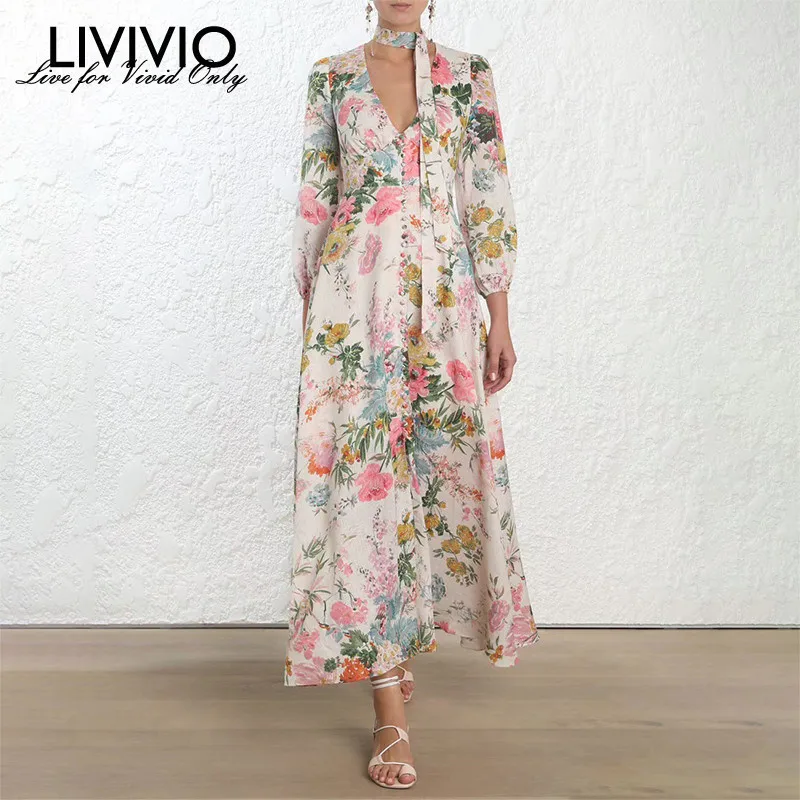 

[LIVIVIO] Print Dress Female V Neck Lantern Sleeve High Waist Lace Up Ankle Length Dresses Women 2019 Spring Fashion Clothes
