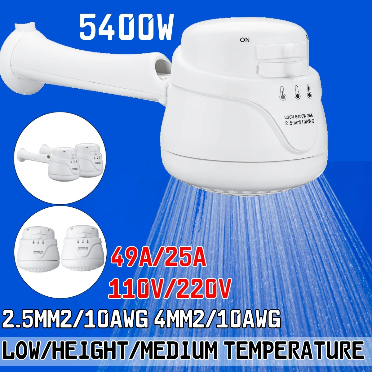 

110V/220-240V 3800W~5400W 0.8" Electric Shower Head Instant Water Heater 5.7ft with Hose Bracket