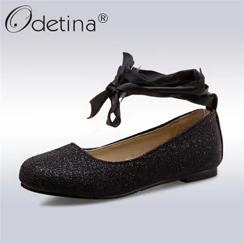 

Odetina 2019 New Spring Ladies Sequined Cloth Ballet Flats Cross Tied Casual Shoes Female Lace Up Strap Flat Shoes Big Size 43