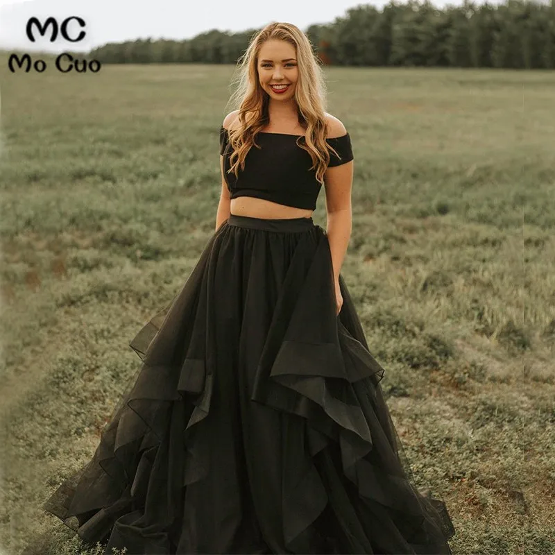 

Two Piece Off the Shoulder Prom Dresses Short Sleeves Black Tulle Women's dress for graduation Puffy Evening Party Prom Gowns