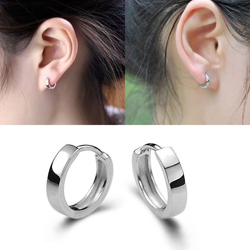 Womens Silver Plated Plain Circle Huggie Stud Hoop Earrings Jewelry Fashion