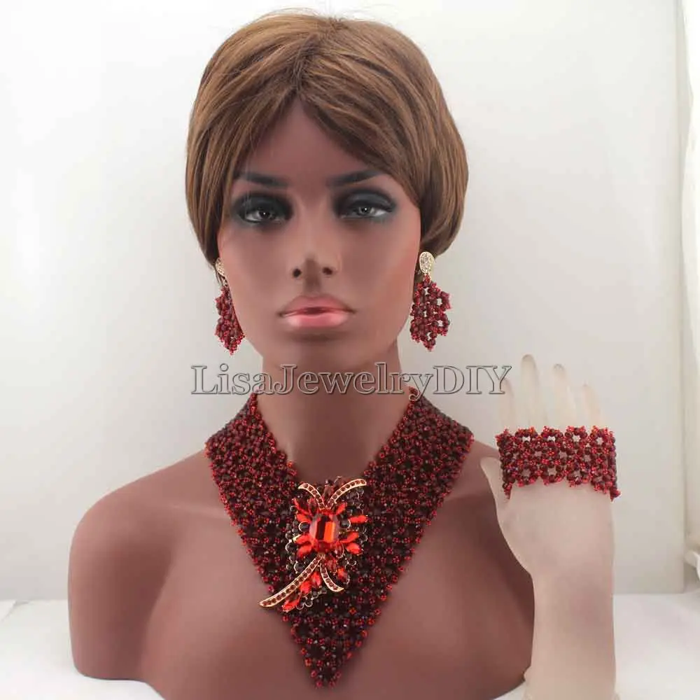 

Fashion African Garnet Necklace Set for Women Handmade Crystal Bridal Jewelry Set Chunky Events Jewelry Free shipping HD8268
