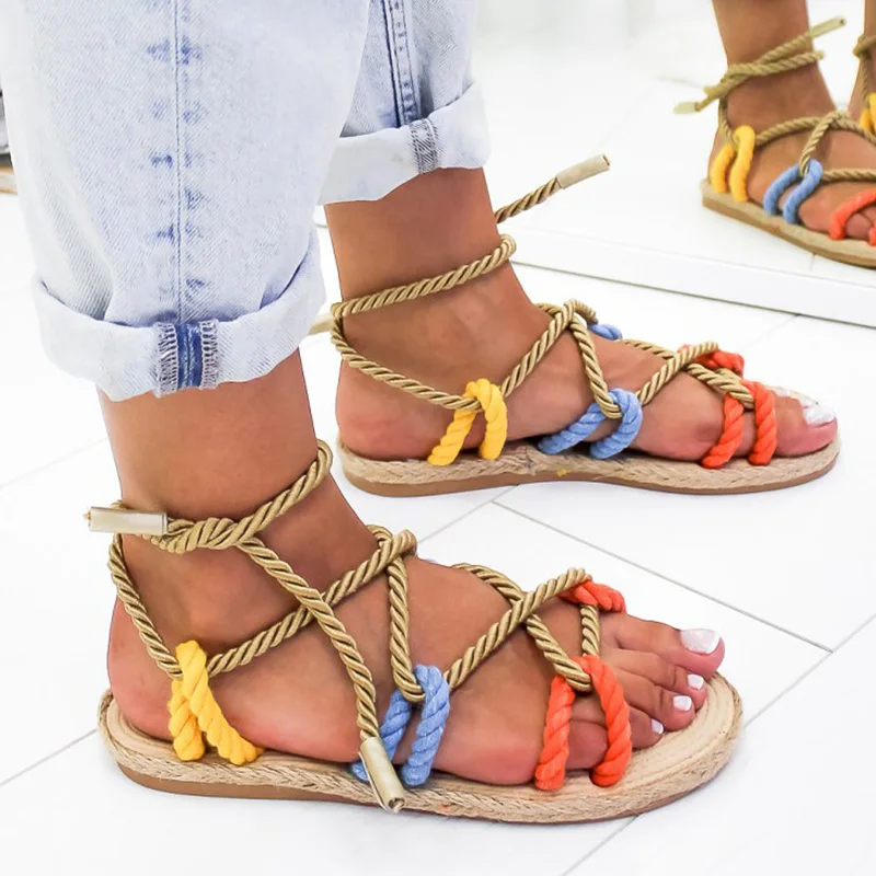 Women Sandals 2019 Fashion Summer Shoes Woman Flat Sandals Hemp Rope Lace Up Gladiator Sandals Non-slip Beach Chaussures Femme