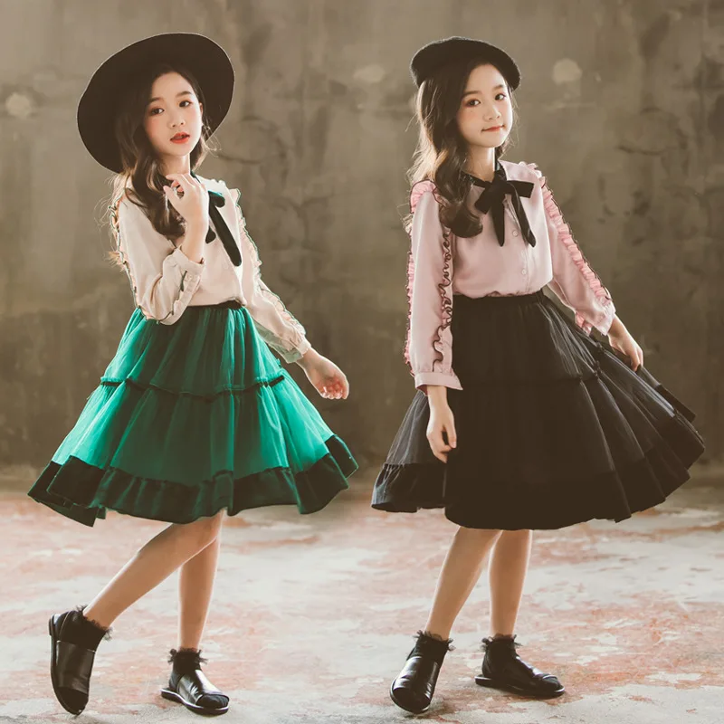 

2019 Autumn girls clothes children clothing set girls outfits cute bow blouse+skirt 2pcs set teenage girls clothing kids clothes
