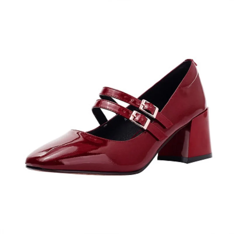 

2019 spring and autumn new Mary Jane shoes square head with a buckle high-heeled shoes women's shoes solid color leather shoes