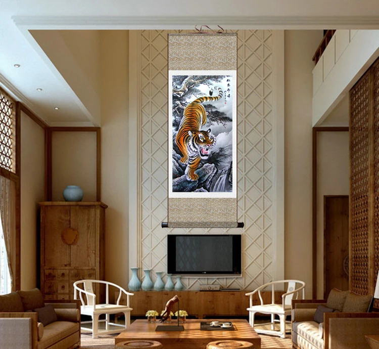 Китайская живопись/шелковая картина подарок/фигурка лотоса девять рыб/рисунок шелковый свиток Лотос/могучий тигр