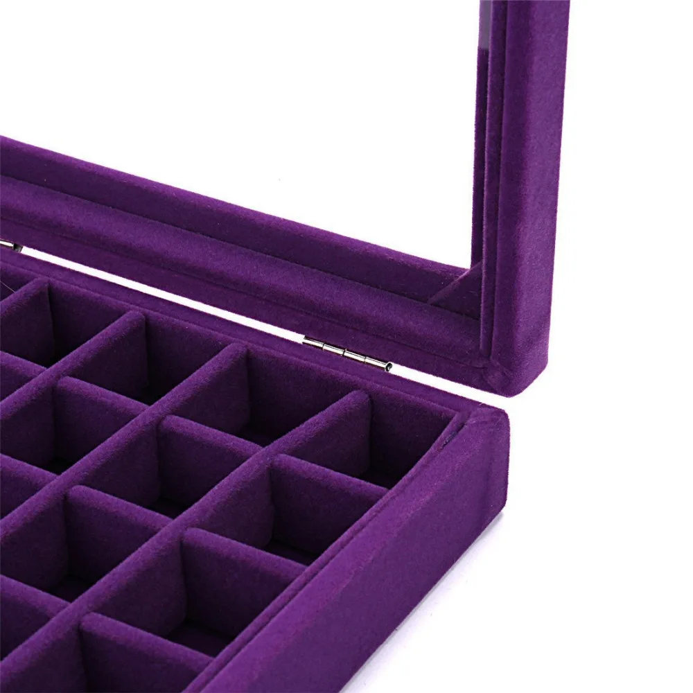 Фиолетовый 24 слота бархат стекло шкатулка Органайзер кольца лоток для сережек Дисплей Чехол для хранения
