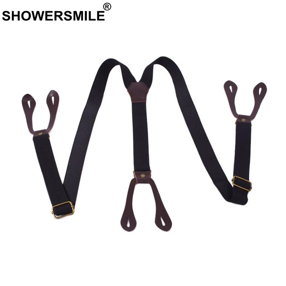 SHOWERSMILE подтяжки на пуговицах для мужчин, подтяжки в полоску кофейного цвета, Y сзади, регулируемые подтяжки для мужчин и женщин, британский винтажный ремень для брюк - Цвет: black