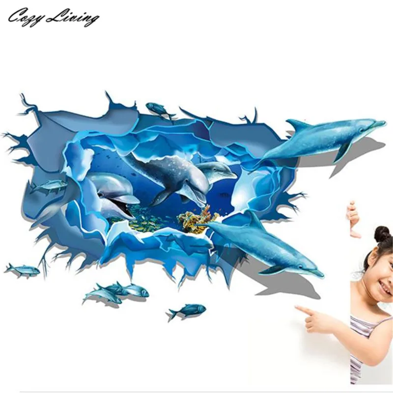 3D Wallpaper Sticker For Kids Room Removable Dolphin 3D Sea Ocean