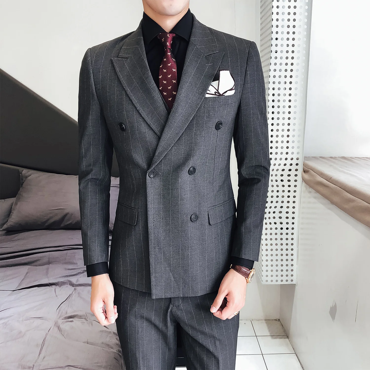 Костюм с двойным бутоннажем Homme, мужские полосатые тонкие костюмы из 3 предметов, деловые повседневные мужские деловые костюмы