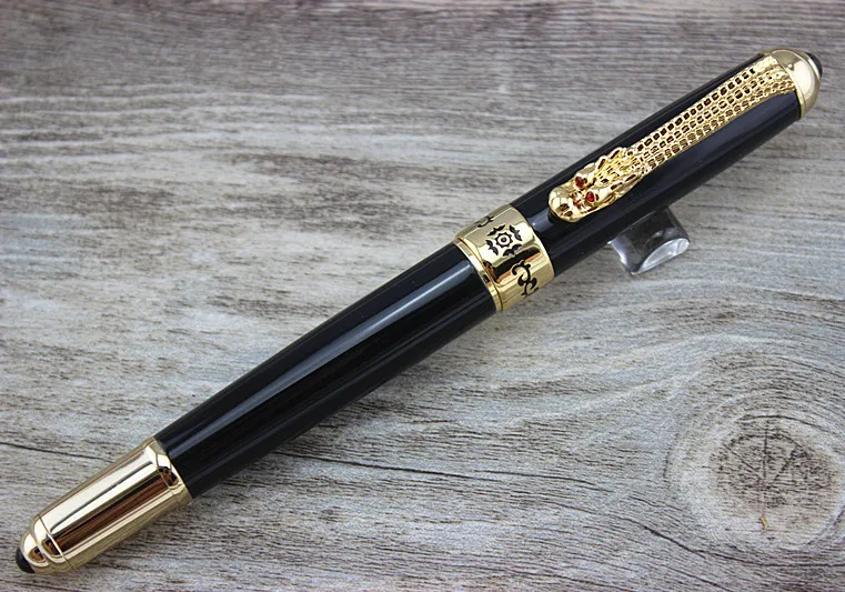 

JINHAO BLACK LACQUERED MEDIUM NIB FOUNTAIN PEN DRAGON CLIP GOLD TRIM NEW HOT SELL