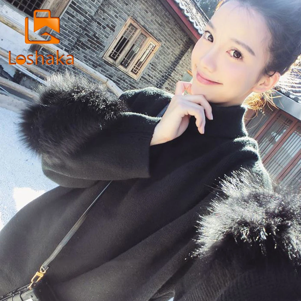 Women Oversized Sweater Turtle Neck Fur Sleeve Black White Autumn Winter Knited Pullover femme pull back zipper | Женская одежда