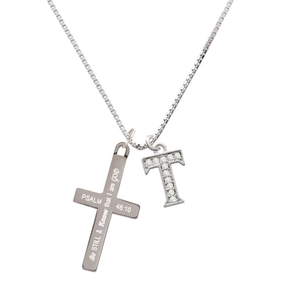 Crystal Initial - T - Beaded Border - - Be Still and Know - Cross Necklace